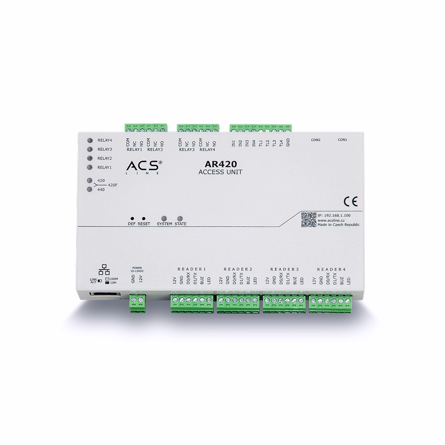 řídící jednotka pro 4 čtečky, 4 relé, připojení LAN, na DIN lištu