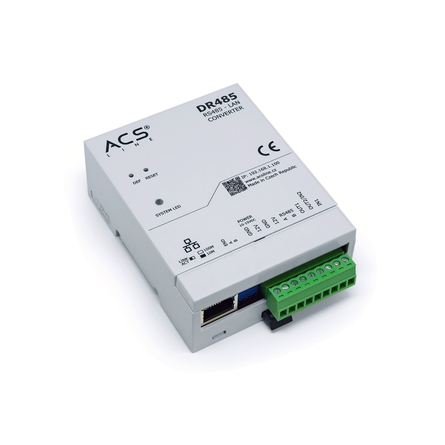 převodník sběrnice RS485-LAN (10/100/1000Mb), SSL web rozhraní, 2x binární výstup, 2x binární vstup